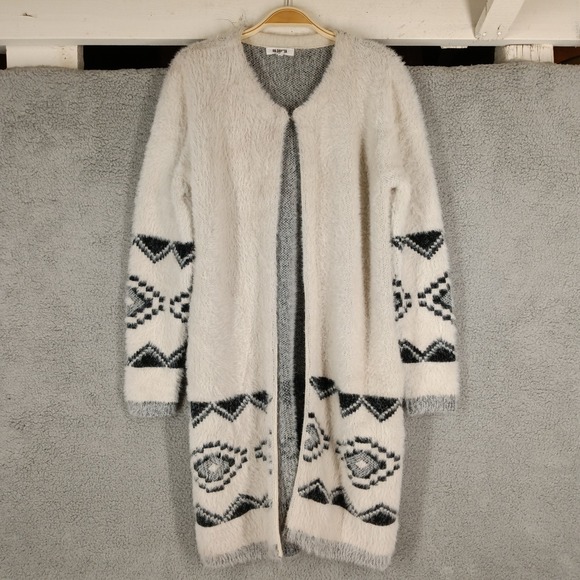 BB Dakota Large Fuzzy Cardigan Duster Sweater Aztec Print Open‎ Front Cream - Picture 1 of 12